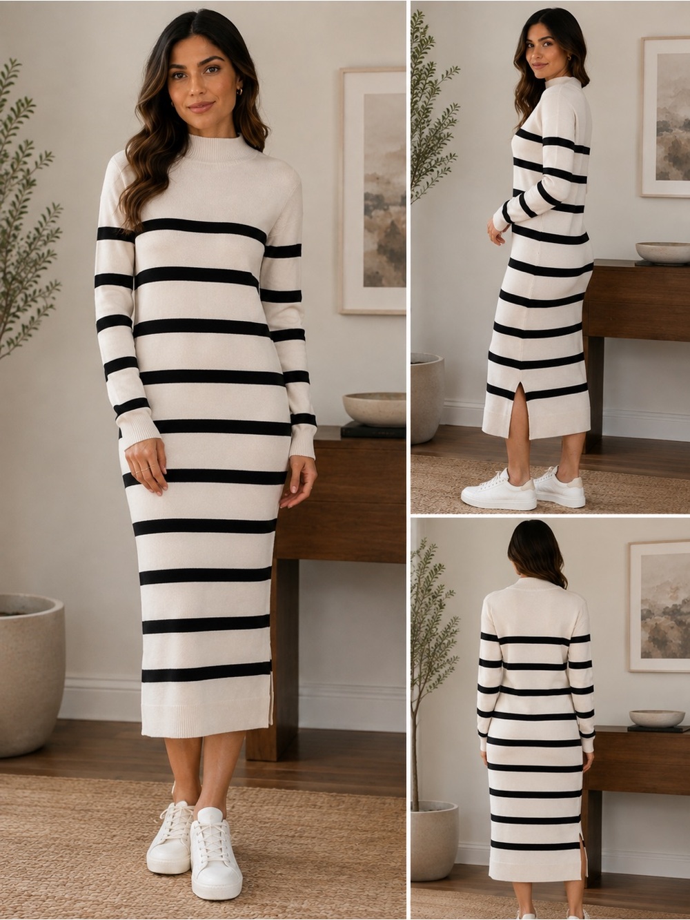 Gibson Latimer Cream & Black Striped Maxi Sweater Dress